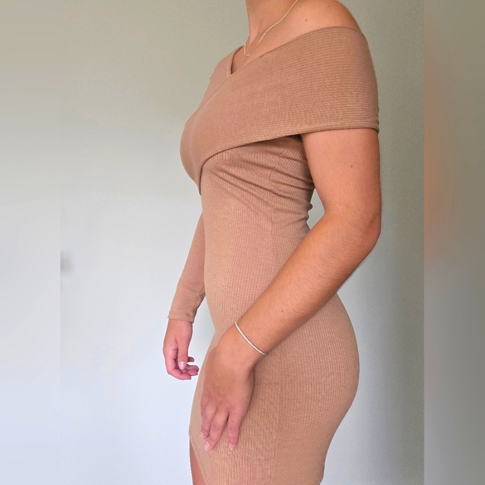 Elegant Tan Off-Shoulder Dress